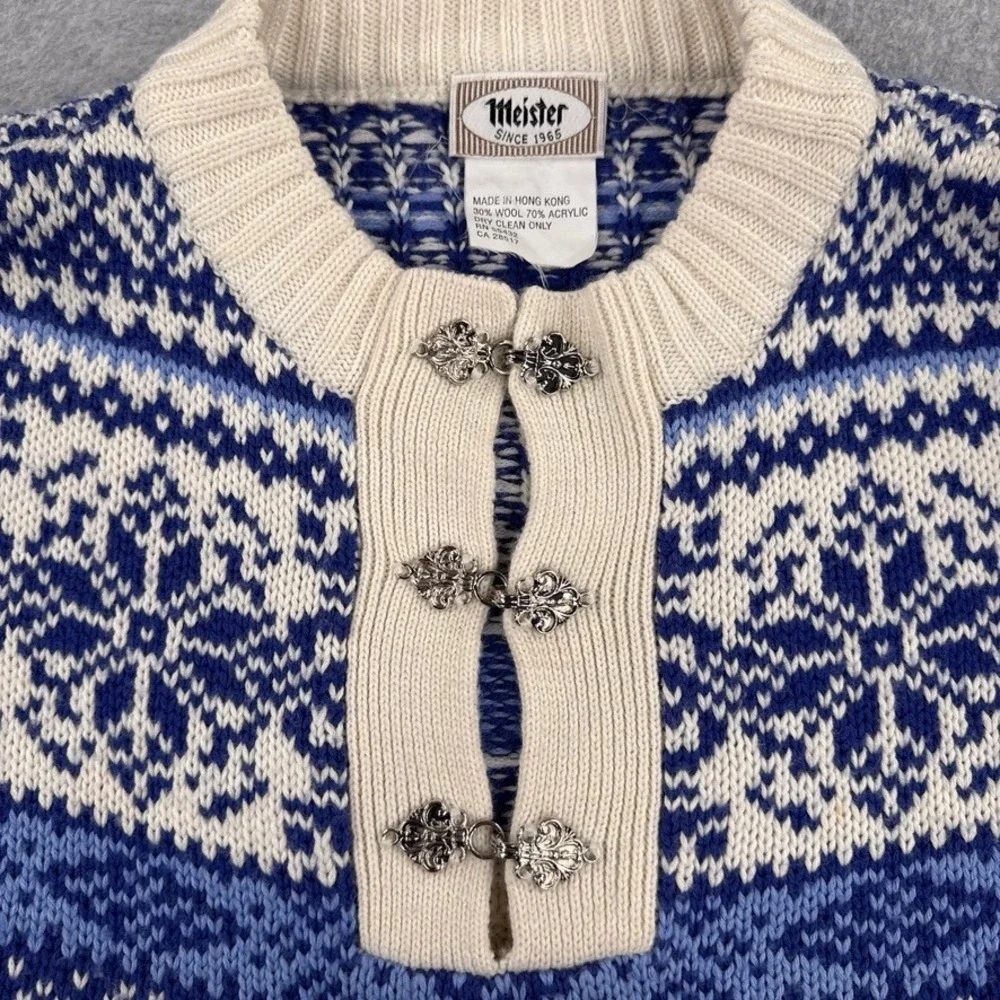 Vintage Meister Sweater M Mens Nordic Wool Blend Blue Cream Fair Isle Pewter